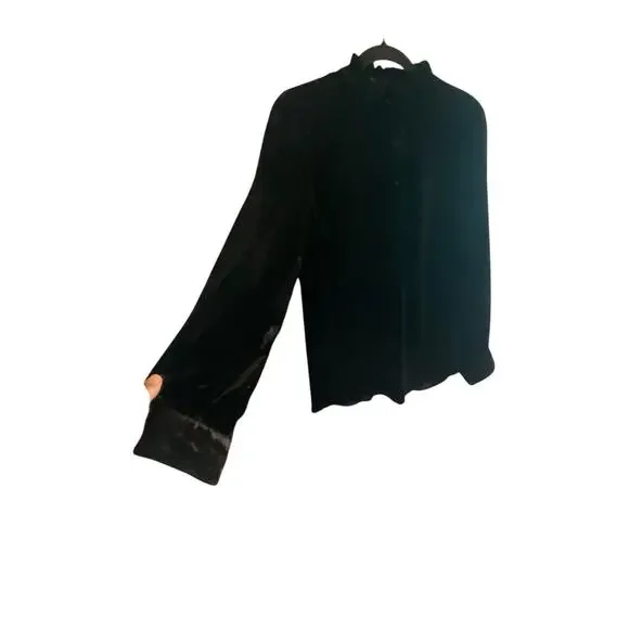 Talbots Black Velvet Long-Sleeve Blouse Ruffled Mandarin Collar Sz L Holiday - Picture 16 of 16